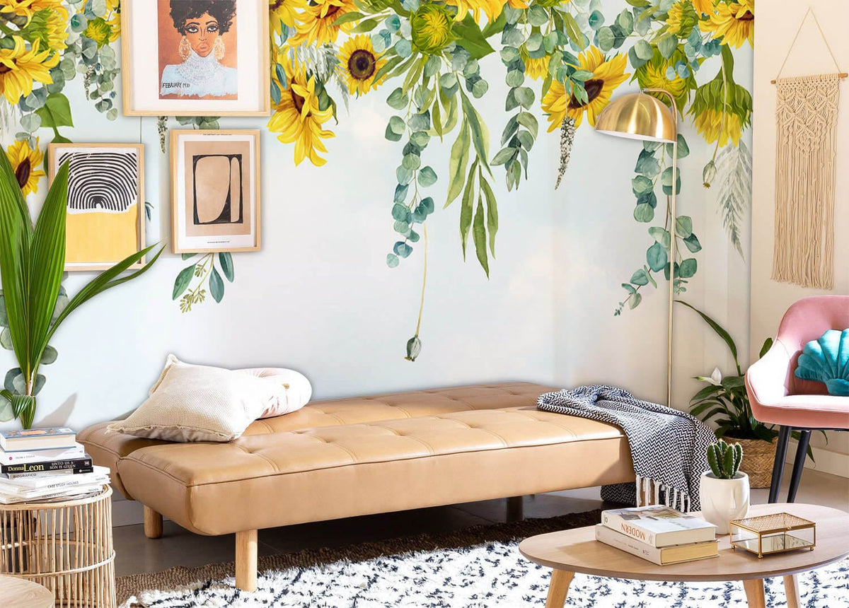 Sunny Floral Bliss Wallpaper with tan daybed, pink chair, textured rug in bright living room.