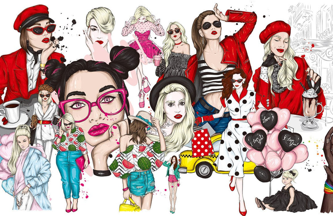 Vibrant Contemporary Fashion Icons Mural Wallpaper - Chic Red and Feminine Style