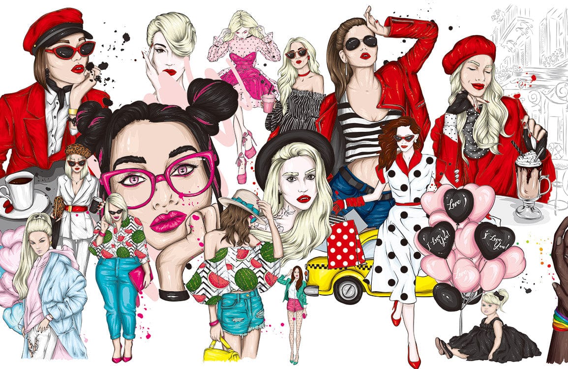 Vibrant Contemporary Fashion Icons Mural Wallpaper - Chic Red and Feminine Style
