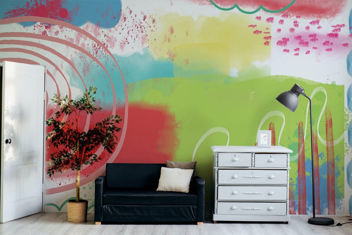 Vibrant abstract mural with swirls, black sofa, white chest, floor lamp, bright living room.