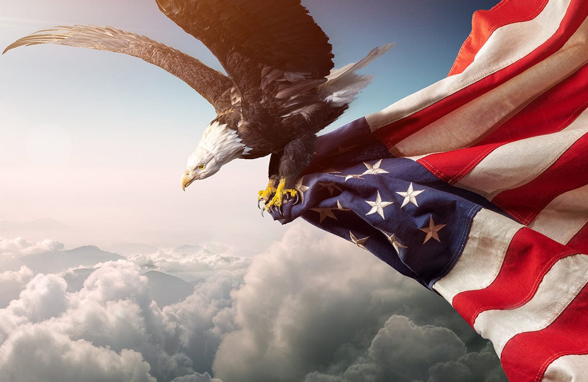 Majestic Bald Eagle Soaring with Flag Mural Wallpaper - Patriotic Sky Scene