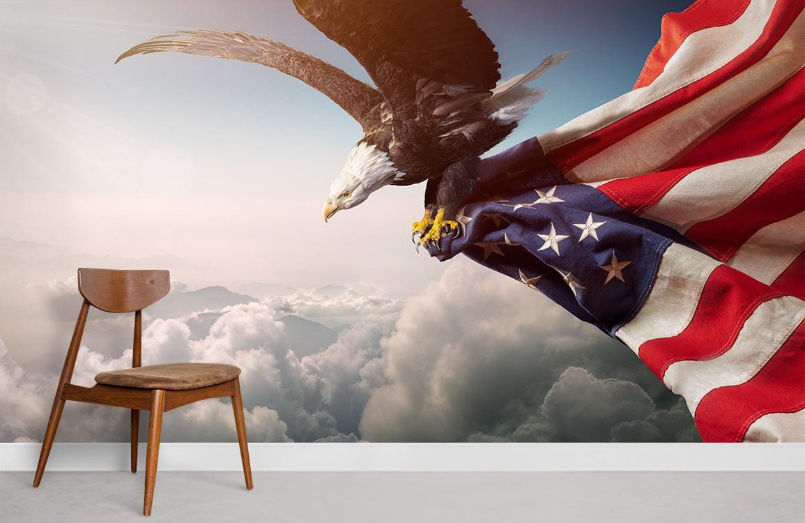 Majestic Bald Eagle with American Flag Mural Wallpaper, wooden chair, light grey floor, cloudy sky scene.