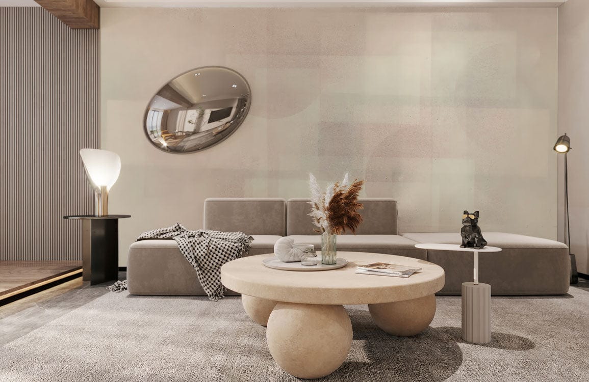 Subtle Geometric Pastel Wallpaper in modern living room; taupe modular sofa; neutral round coffee table.