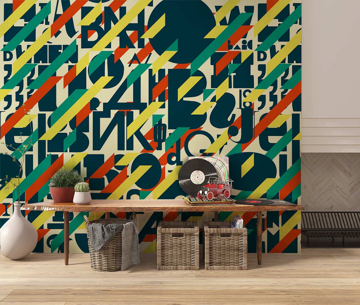 Bold Geometric Retro Typography Multicolour Abstract Mural Wallpaper, modern desk, wicker baskets, wood flooring.