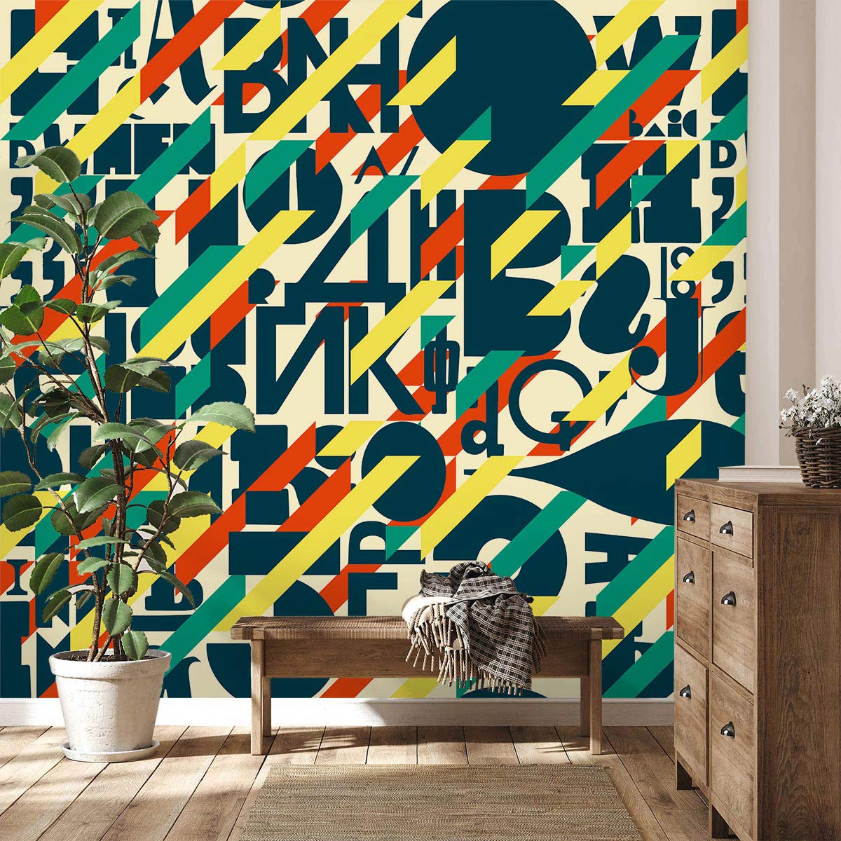 Bold Geometric Retro Mural with Typography, wooden bench, potted plant, and wooden cabinet in room.