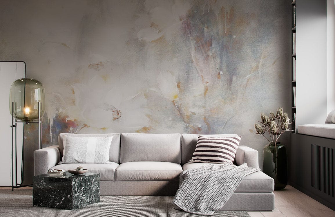 Ethereal Floral Mural Wallpaper highlights modern grey sofa, marble coffee table, contemporary living room decor.