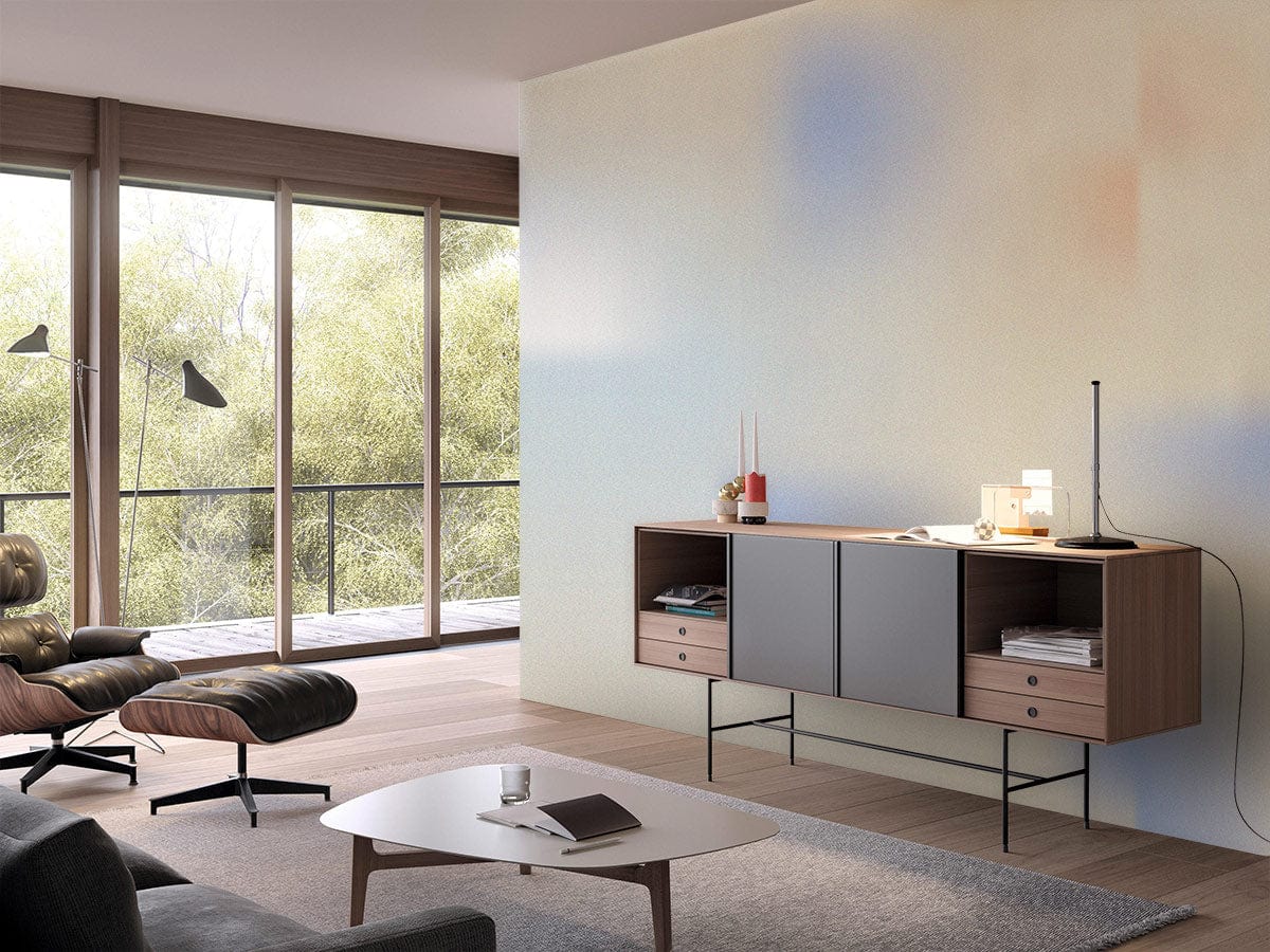 Tranquil abstract blue-beige mural wallpaper, modern lounge, grey sofa, wooden flooring, stylish furnishings.