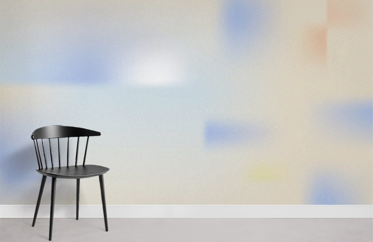 Modern mural wallpaper with abstract blue-beige gradient, black contemporary chair, and light grey flooring.