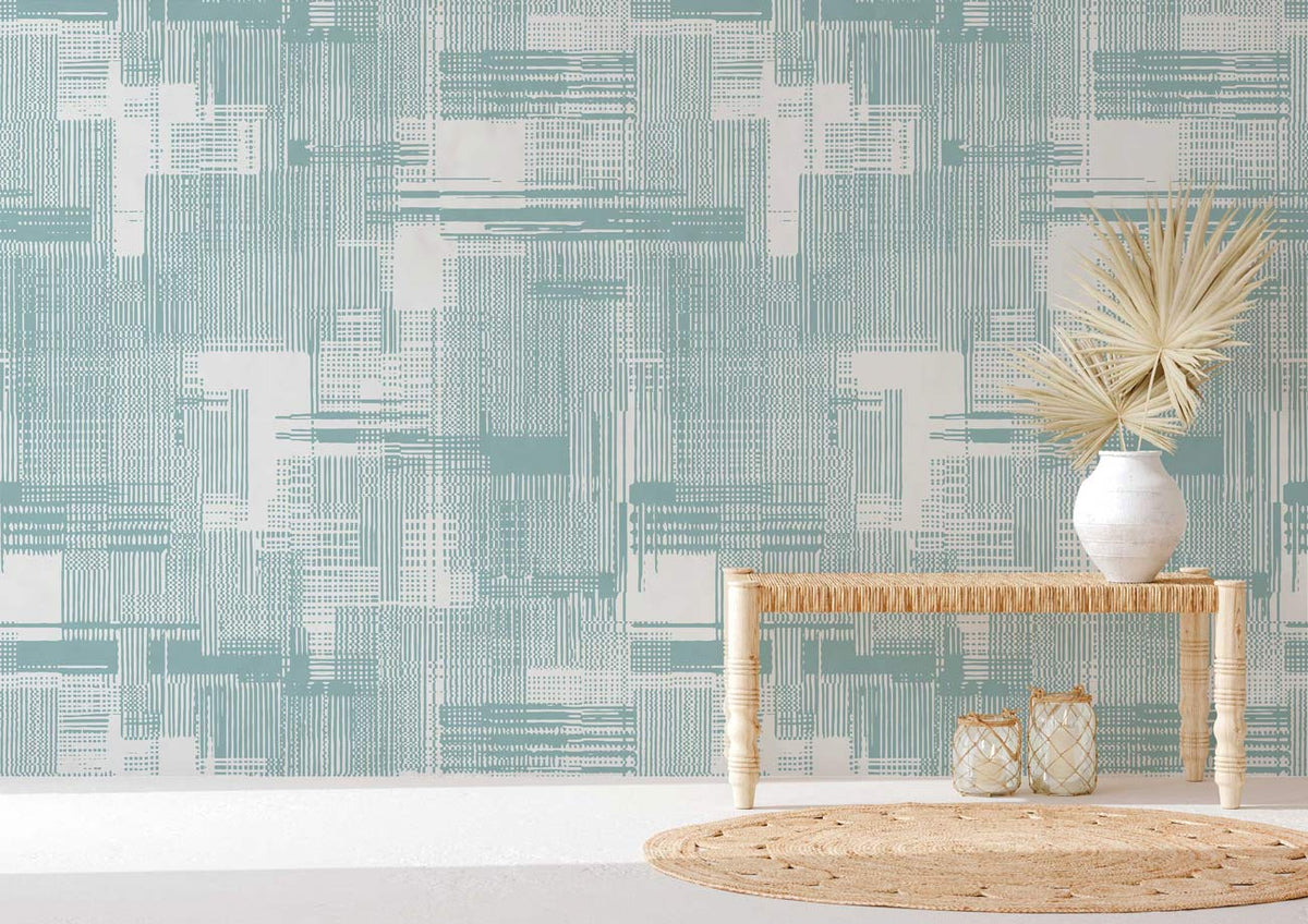 Mint Geometric Abstract Pattern Wallpaper, modern design, stylish interiors, wicker bench, beige round rug.