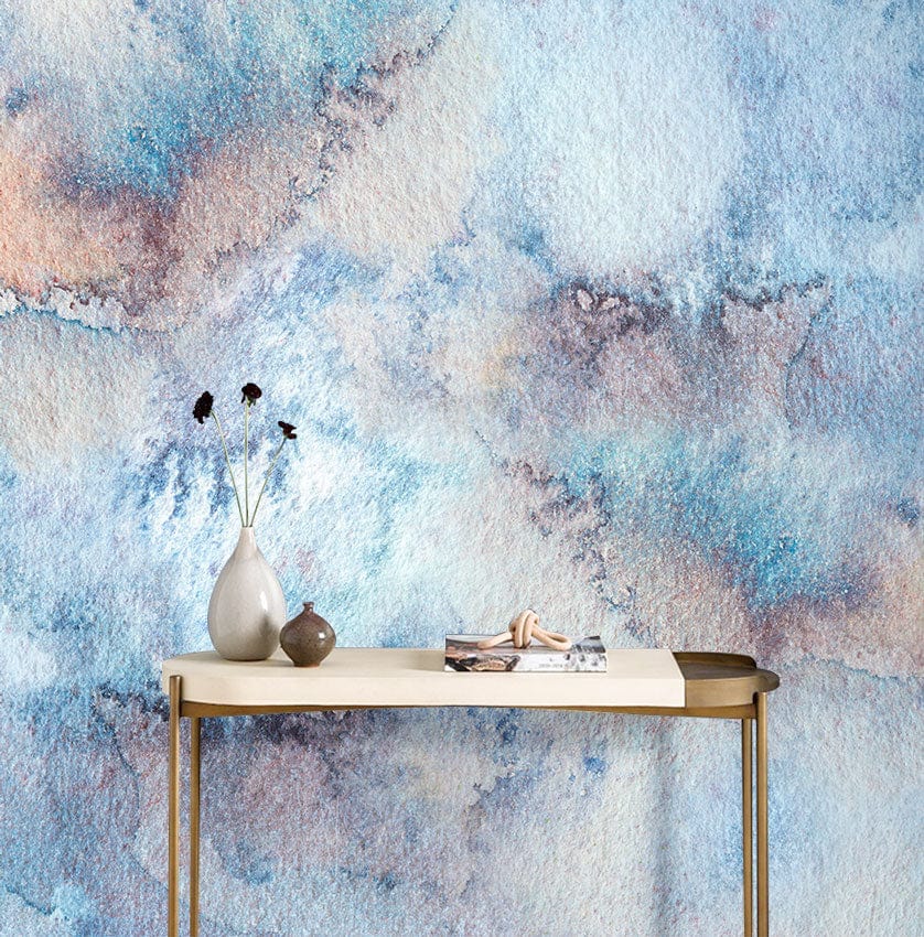 Serene Watercolour Dream Abstract Wallpaper in blue and earth tones, complements neutral wooden console table.