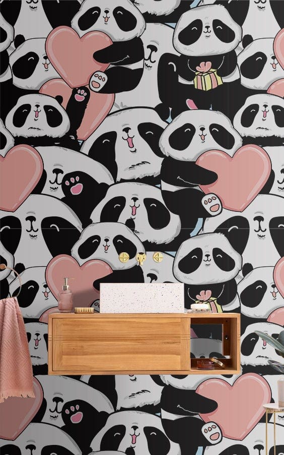 Playful Panda Heart Pattern Wallpaper in bathroom with modern wooden vanity and decorative wall elements.