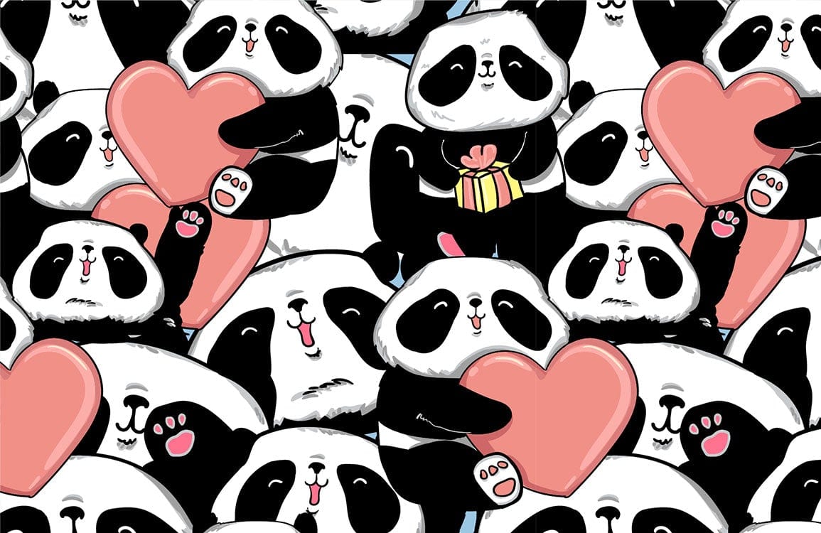 Playful Panda Heart Pattern Wallpaper - Adorable Black, White, Pink Design