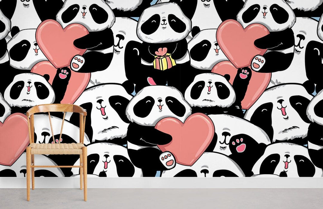 Playful Panda Heart Pattern Wallpaper, adorable black and white with pink, wooden chair, light floor.