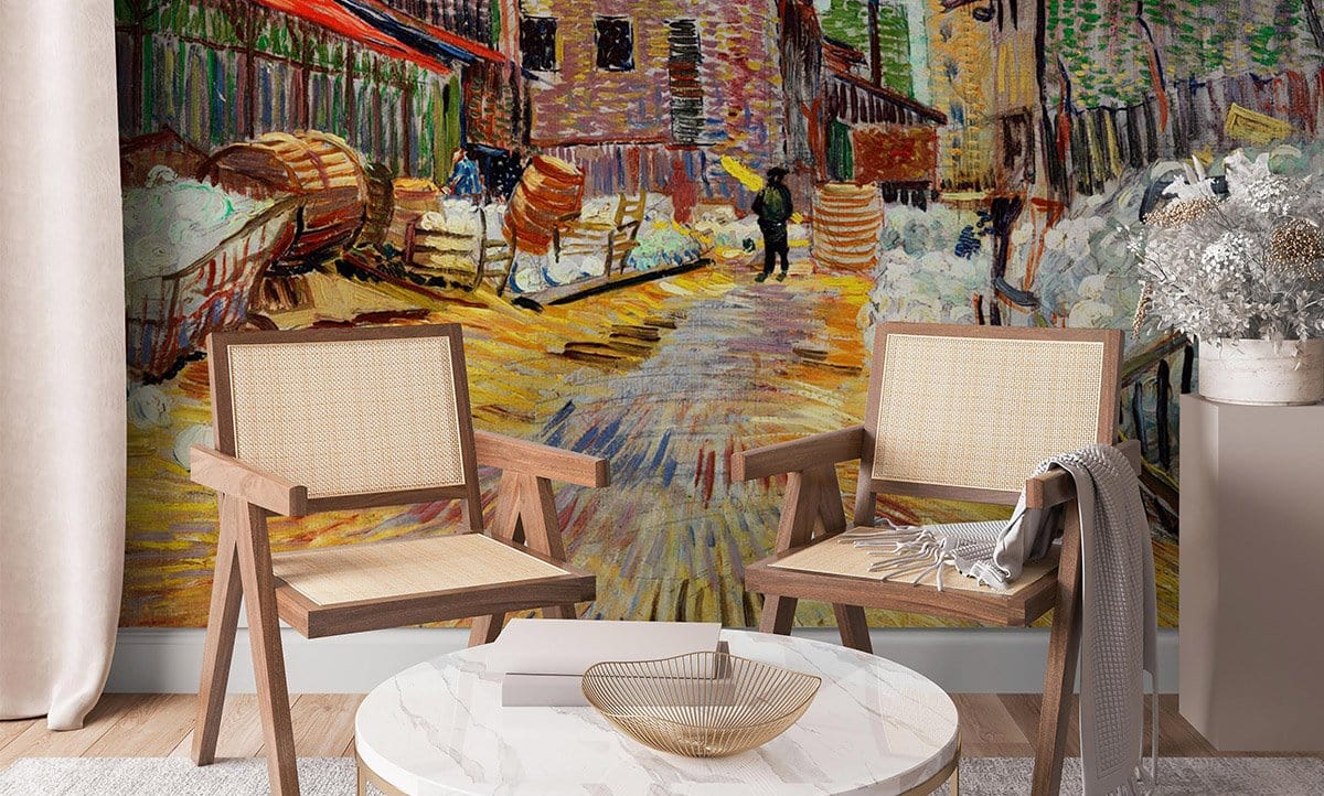 Colourful industrial street mural wallpaper in vintage cityscape design with wooden chairs, marble coffee table.