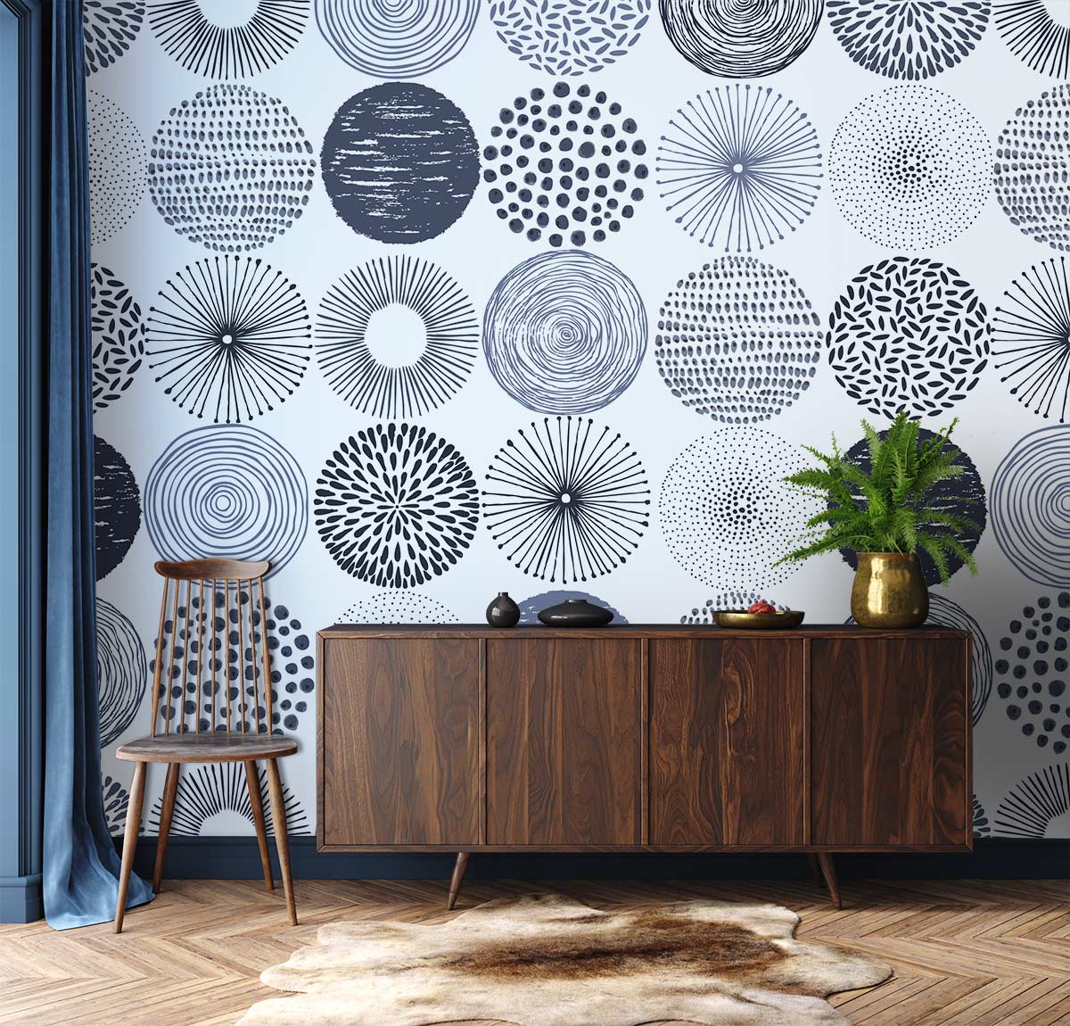 Monochrome geometric circles wallpaper, contemporary abstract design, featured with dark wood sideboard and chair.