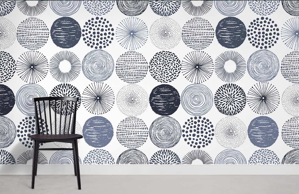 Monochrome geometric circles wallpaper featured with black chair, suitable for modern interior design.