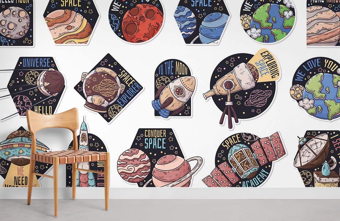 Vintage Space Adventure Wallpaper: Cosmic motifs in kid's room with wooden chair, grey floor, whimsical decor.