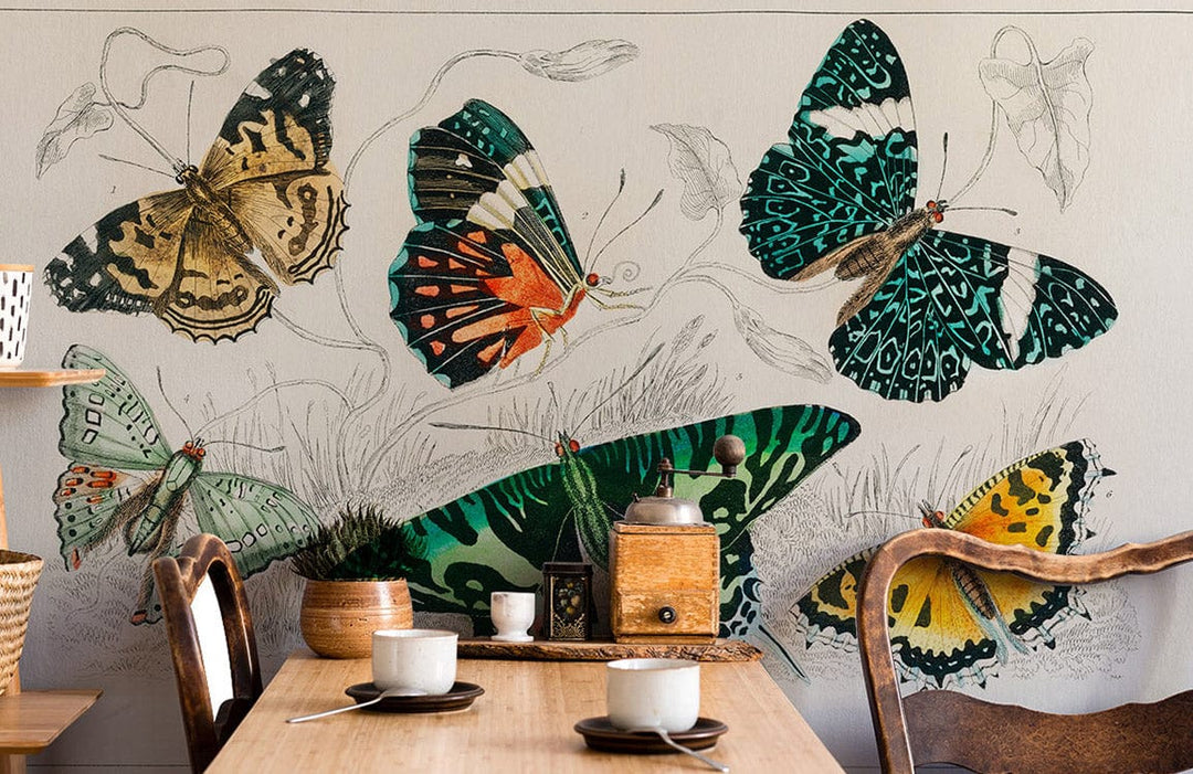 Vintage butterfly mural wallpaper in dining room, wooden chairs, tableware, natural decor elegance.