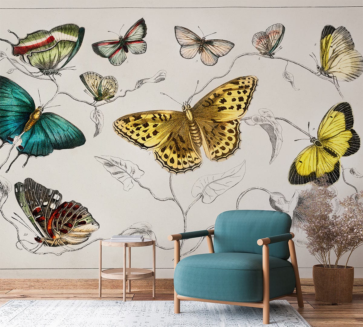 Vintage Botanical Butterfly Mural Wallpaper in vibrant colours, teal armchair, wooden flooring, elegant decor.