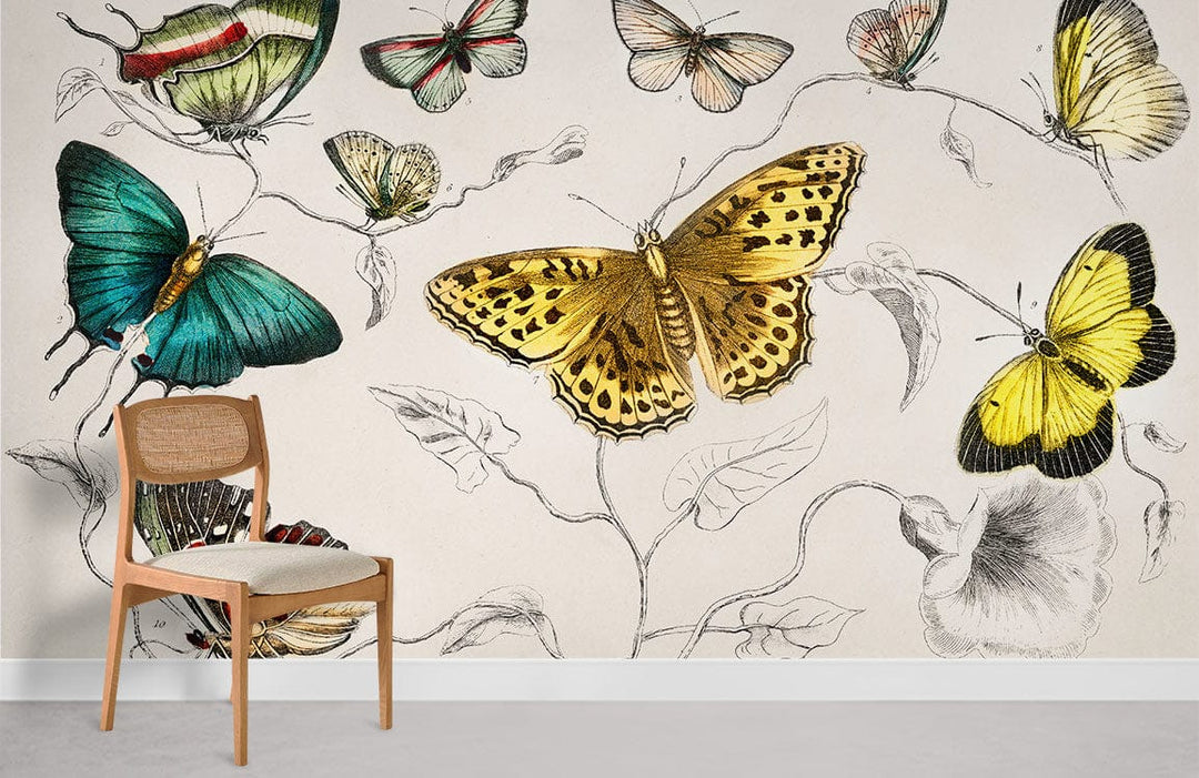 Vintage Botanical Butterfly Mural Wallpaper with chair; vibrant, elegant decor. Light grey flooring, artistic style.