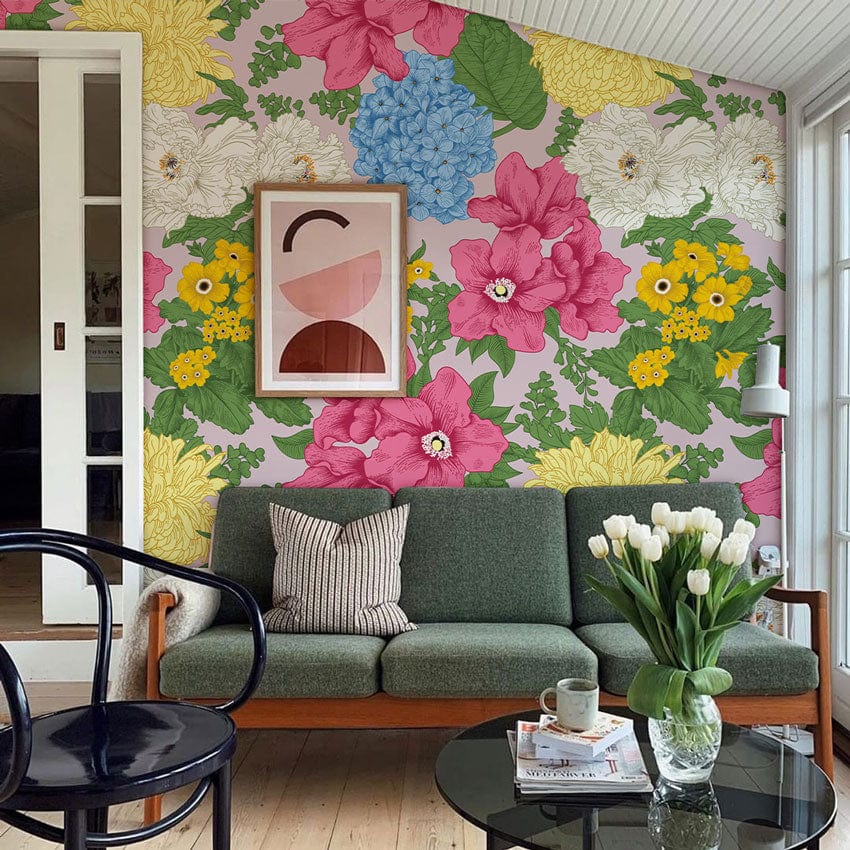 Various Colourful Flowers Wall Mural | Aesthetic Floral Wall Mural UK