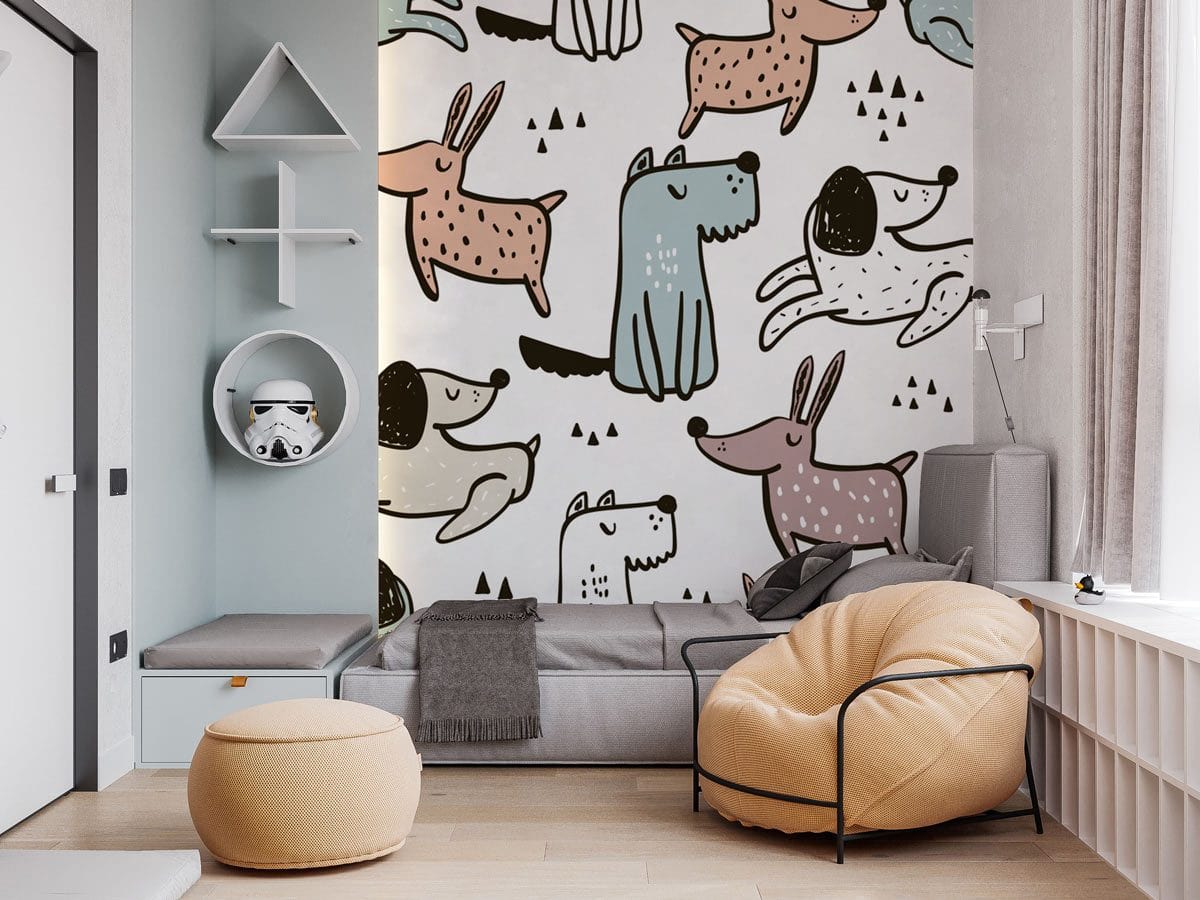 Playful Pastel Puppy Patterned Wallpaper, children's room; beige armchair; grey sofa; light wood flooring.