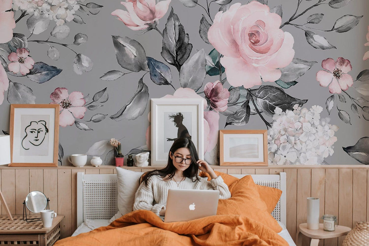Elegant grey and pink floral wallpaper in bedroom, wooden panelling, cosy bed with orange throw.