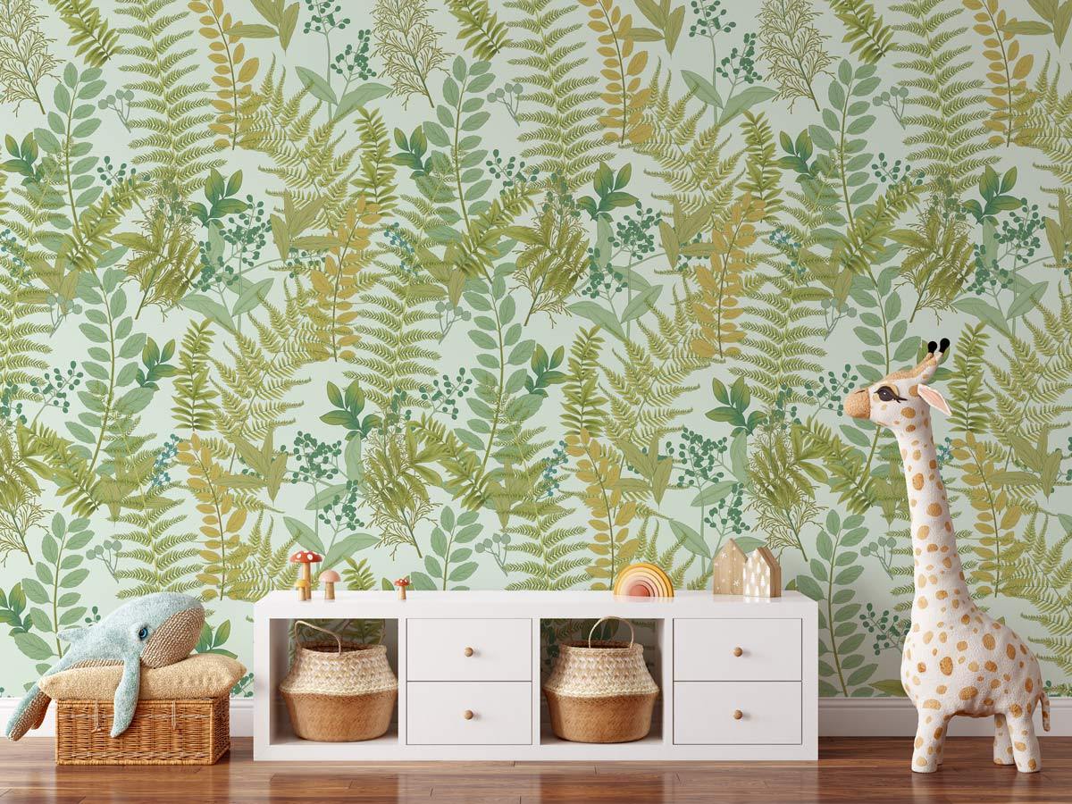 Children's room with Botanical Fern Pattern Wallpaper, refreshing green tones, white storage unit, wooden flooring.