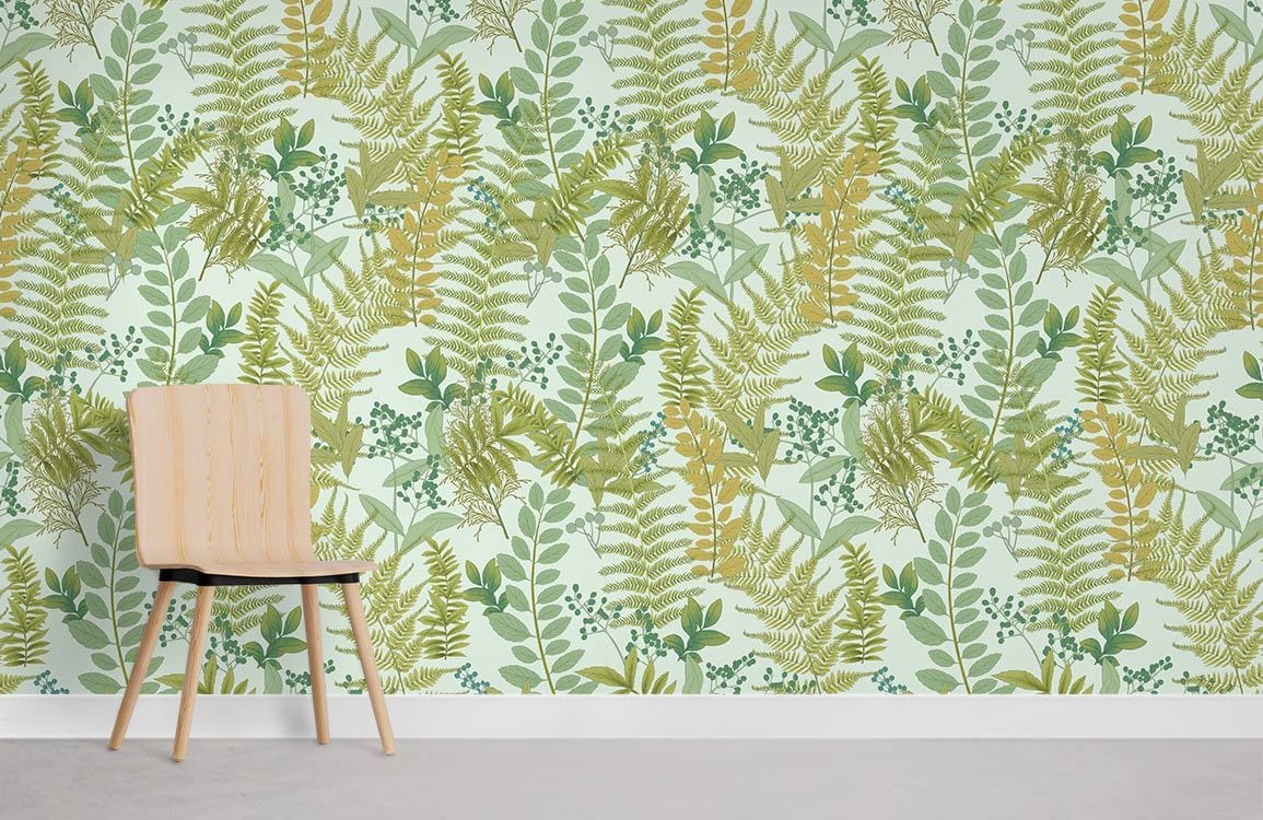 Botanical Fern Pattern Wallpaper in refreshing green tones, paired with wooden chair on grey flooring.
