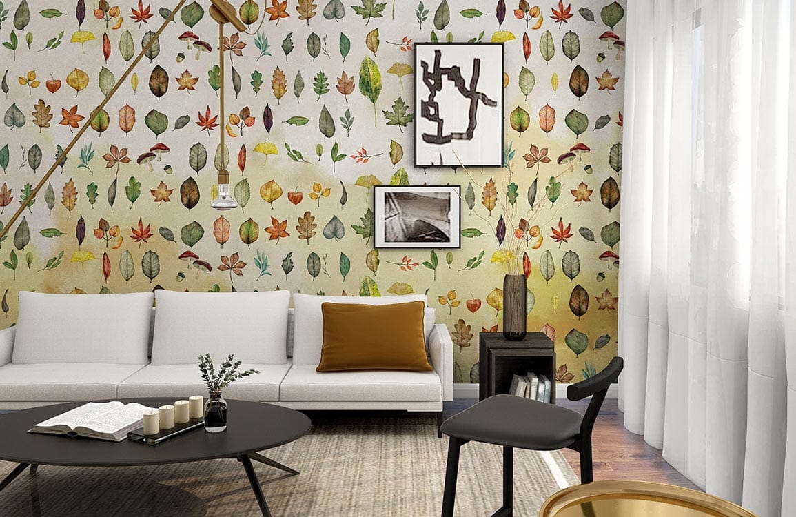 Autumn botanical wallpaper in modern living room with white sofa, abstract art, and light wooden flooring.