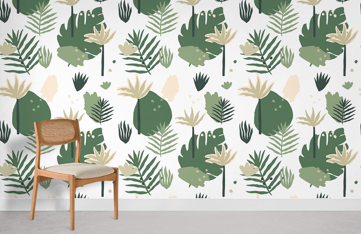 Botanical green leaf wallpaper, tropical modern design, wooden chair, neutral flooring, minimalistic room setting.