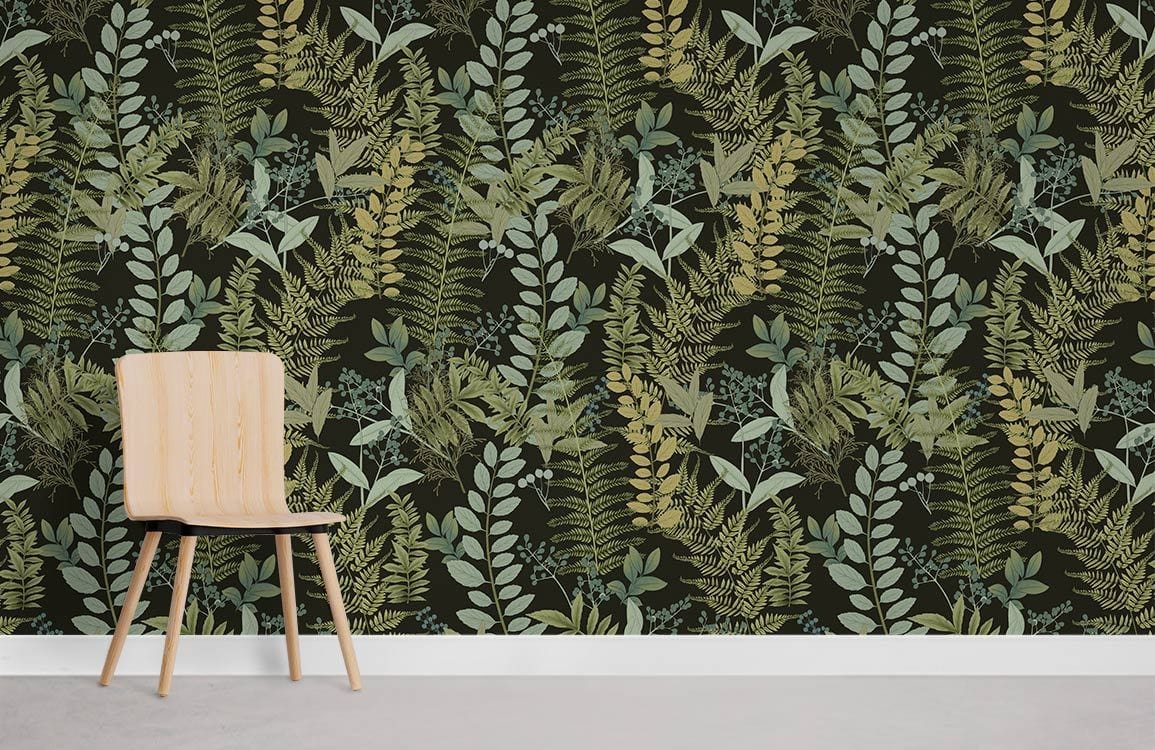 Green Botanical Fern Pattern Wallpaper, wooden chair, stylish flooring in elegant home interior design.