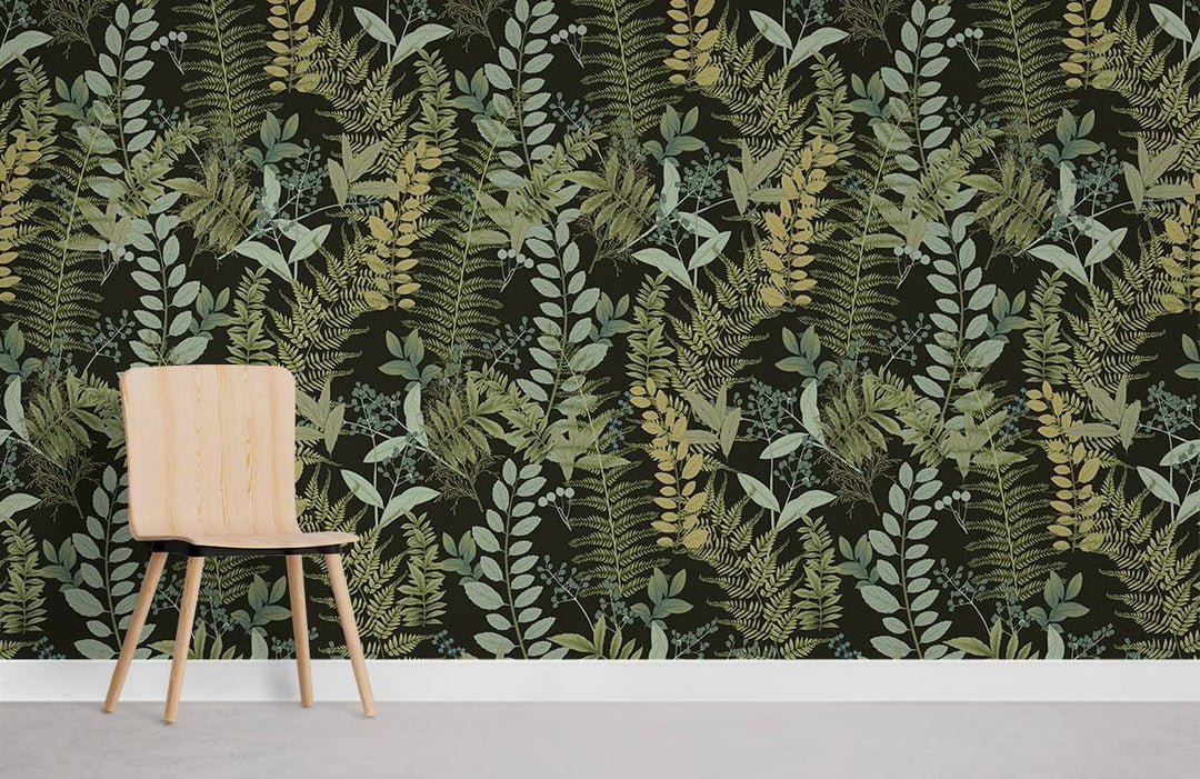 Green Botanical Fern Pattern Wallpaper, wooden chair, stylish flooring in elegant home interior design.
