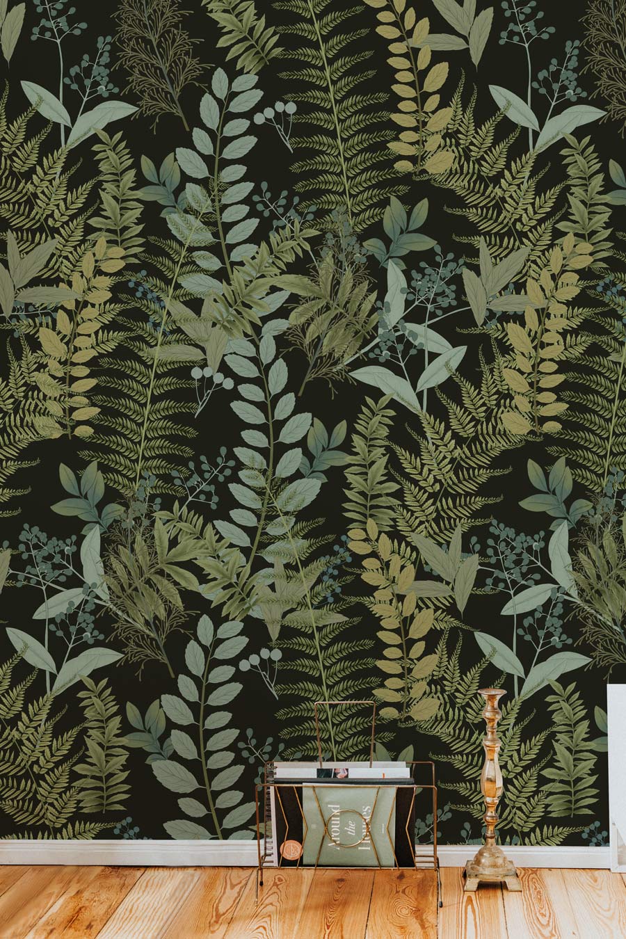 Green botanical fern wallpaper, elegant interiors, wooden flooring, decorative stand, candlestick, cosy living room.