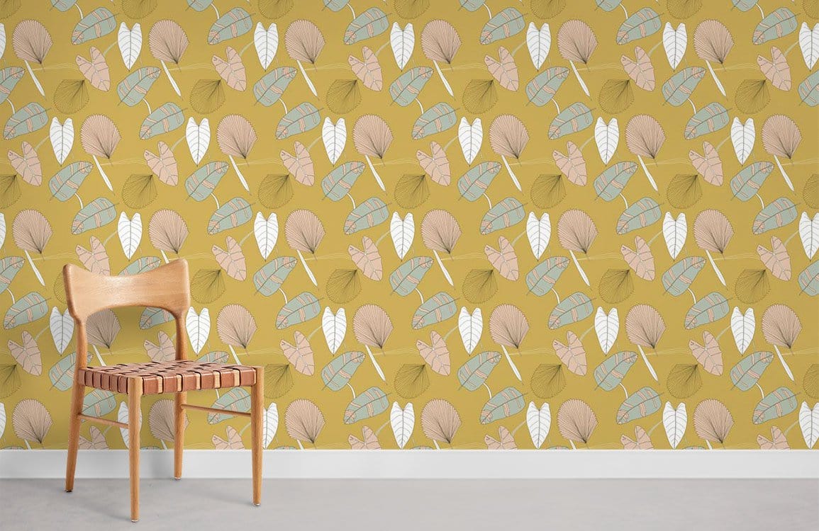 Vintage botanical wallpaper in mustard and pastel hues with wooden chair on light grey flooring.