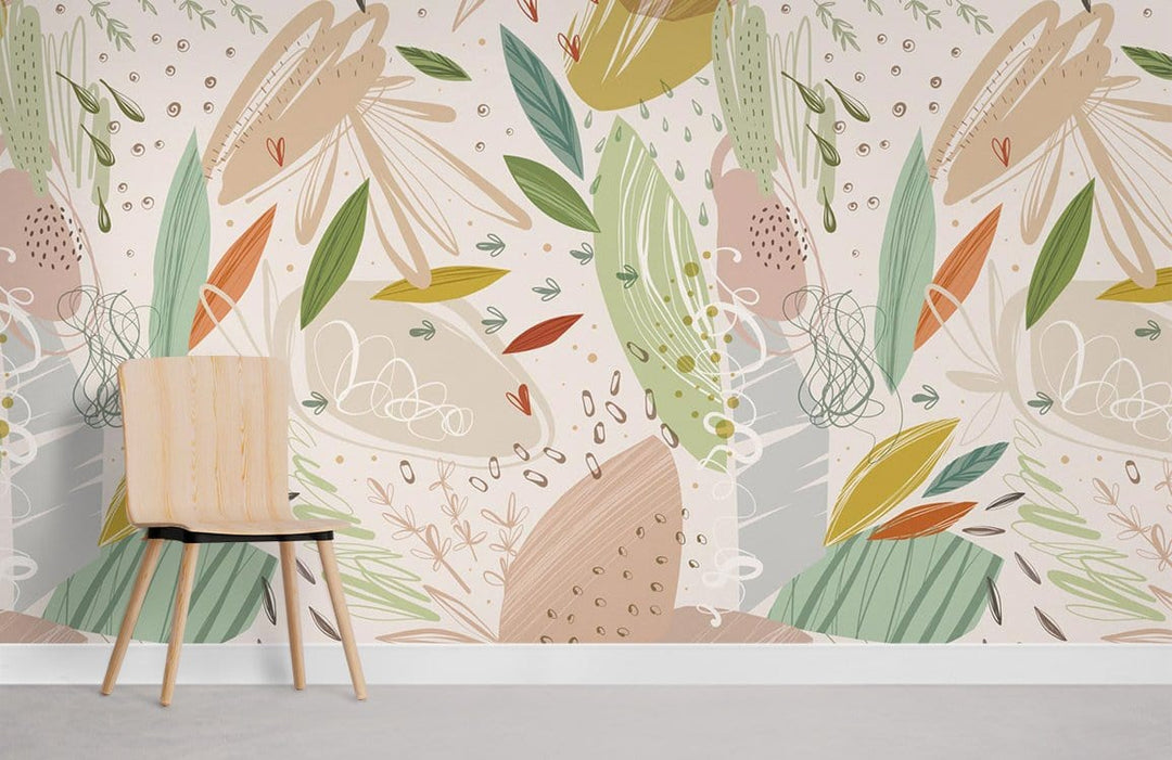 Abstract Botanical Pastel Patterned Wallpaper in earthy tones, featuring a wooden chair on grey flooring.