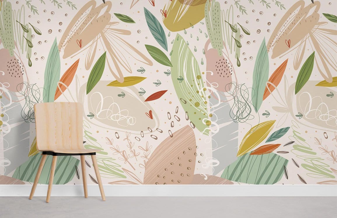 Abstract Botanical Pastel Patterned Wallpaper in earthy tones, featuring a wooden chair on grey flooring.
