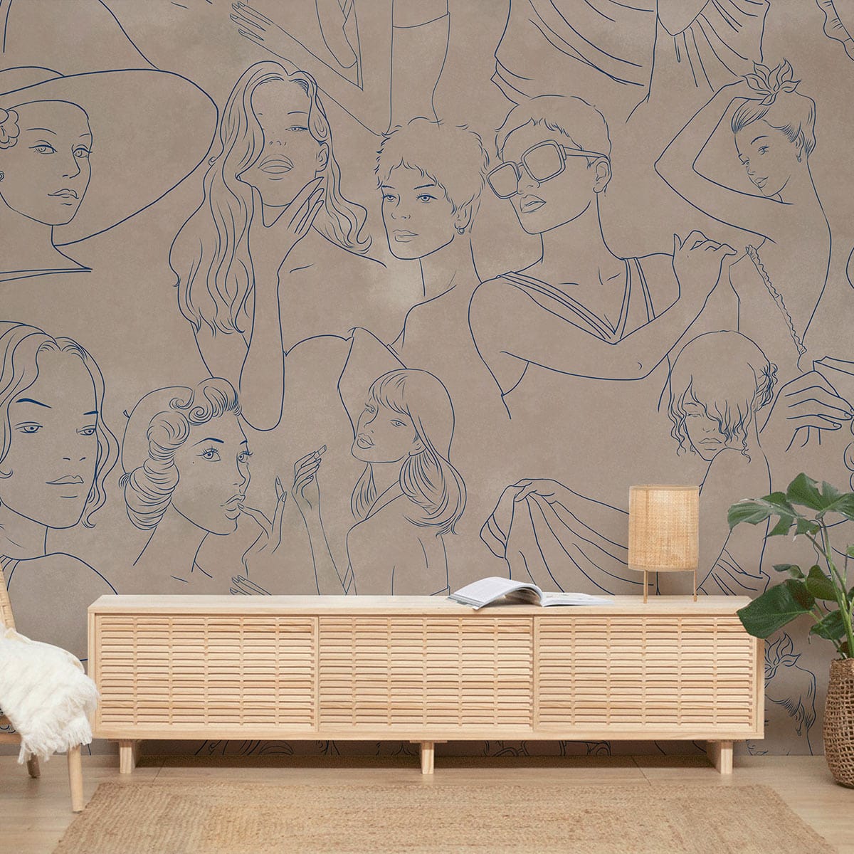 Vintage sketch ladies beige mural wallpaper with modern wooden console; minimalist, retro charm room decor.