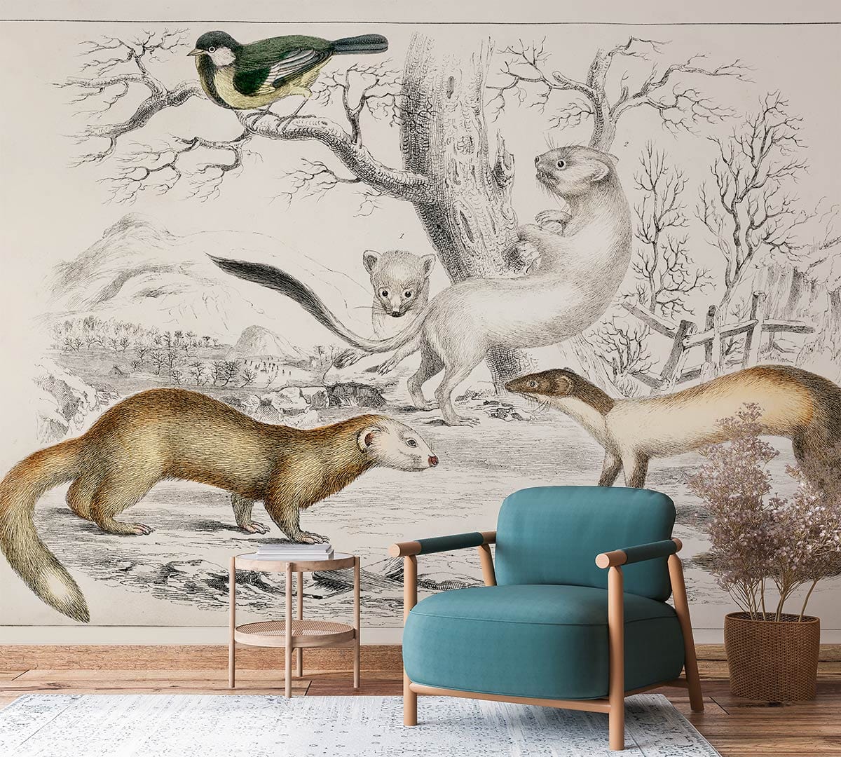 Vintage wildlife mural wallpaper in living room with teal armchair, wooden side table, neutral flooring.