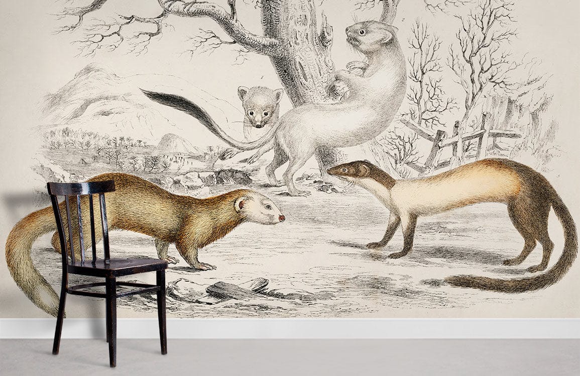 Vintage wildlife mural wallpaper with neutral tones, featuring a classic wooden chair on grey flooring.