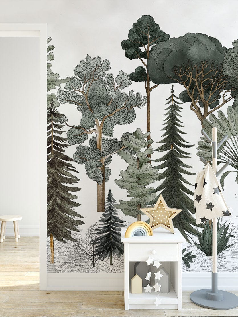 Enchanted Forest Green Watercolour Mural Wallpaper with wooden flooring in a children's room setting.