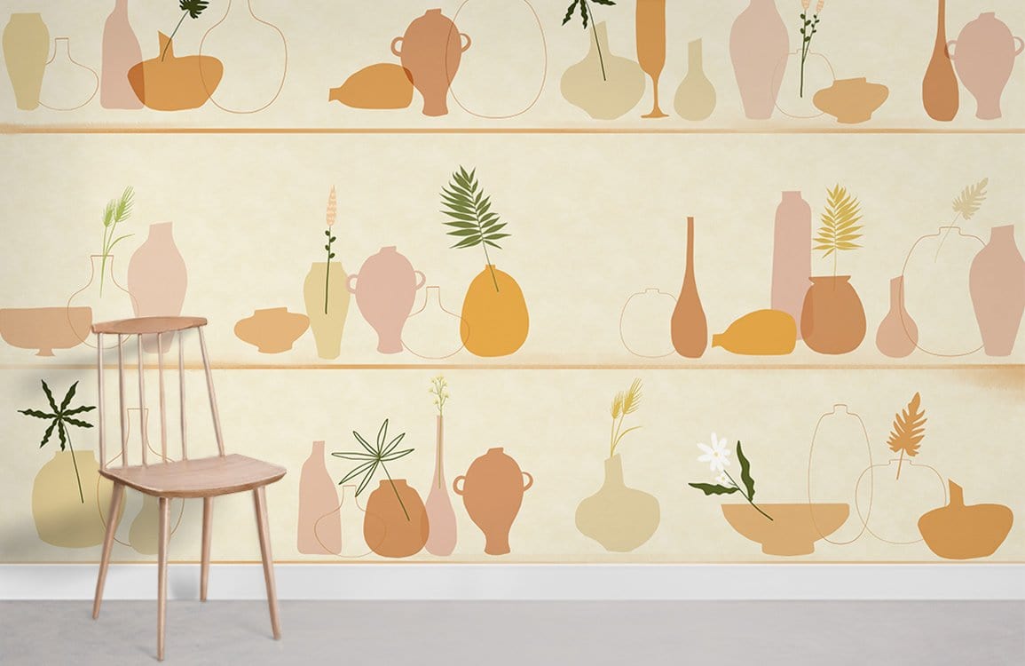 Minimalist pastel pottery mural wallpaper in modern interior with light wood chair, neutral flooring.