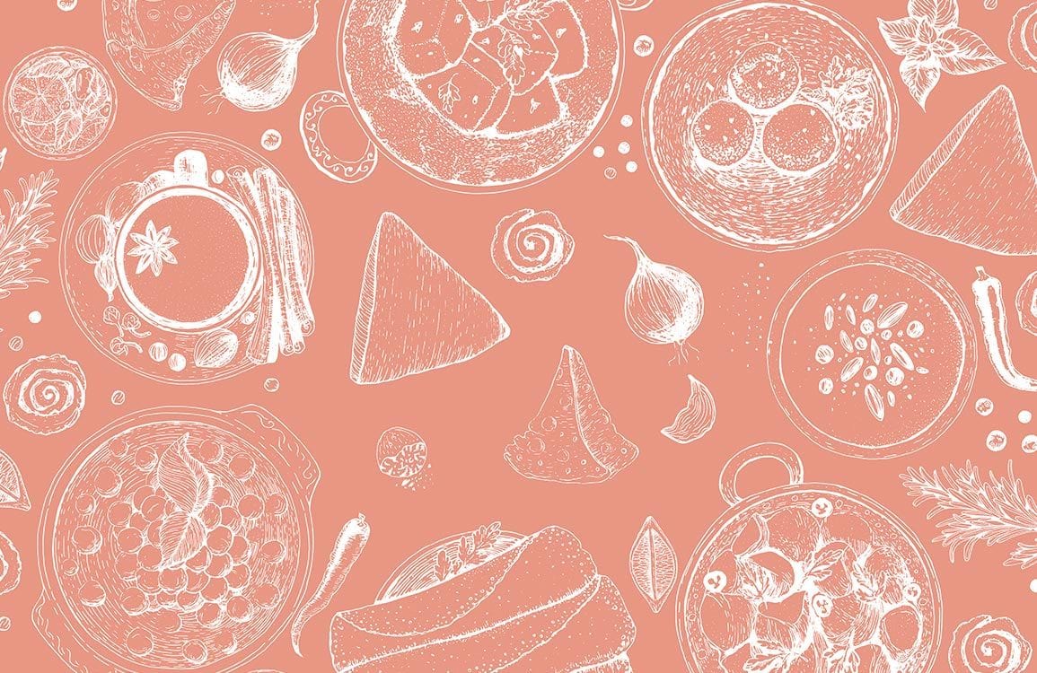 Rustic Terracotta Kitchen Charm: Hand-Drawn Food Pattern Wallpaper Mural Delight
