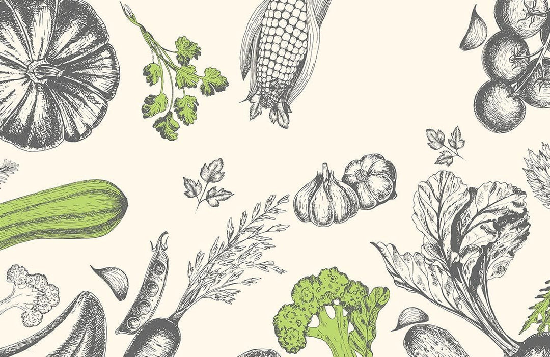 Botanical Vegetable Sketch Wallpaper: Vintage Monochrome Farmhouse Kitchen Décor