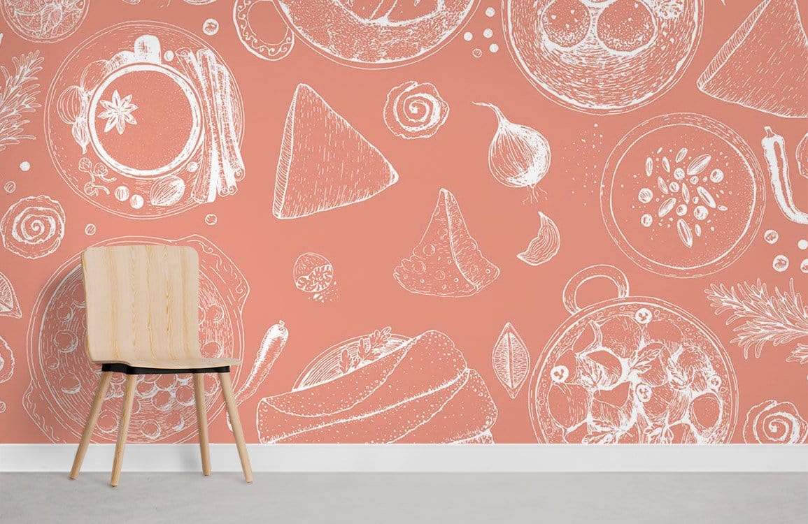 Rustic terracotta food-patterned wallpaper mural in kitchen with light wooden chair, grey flooring.