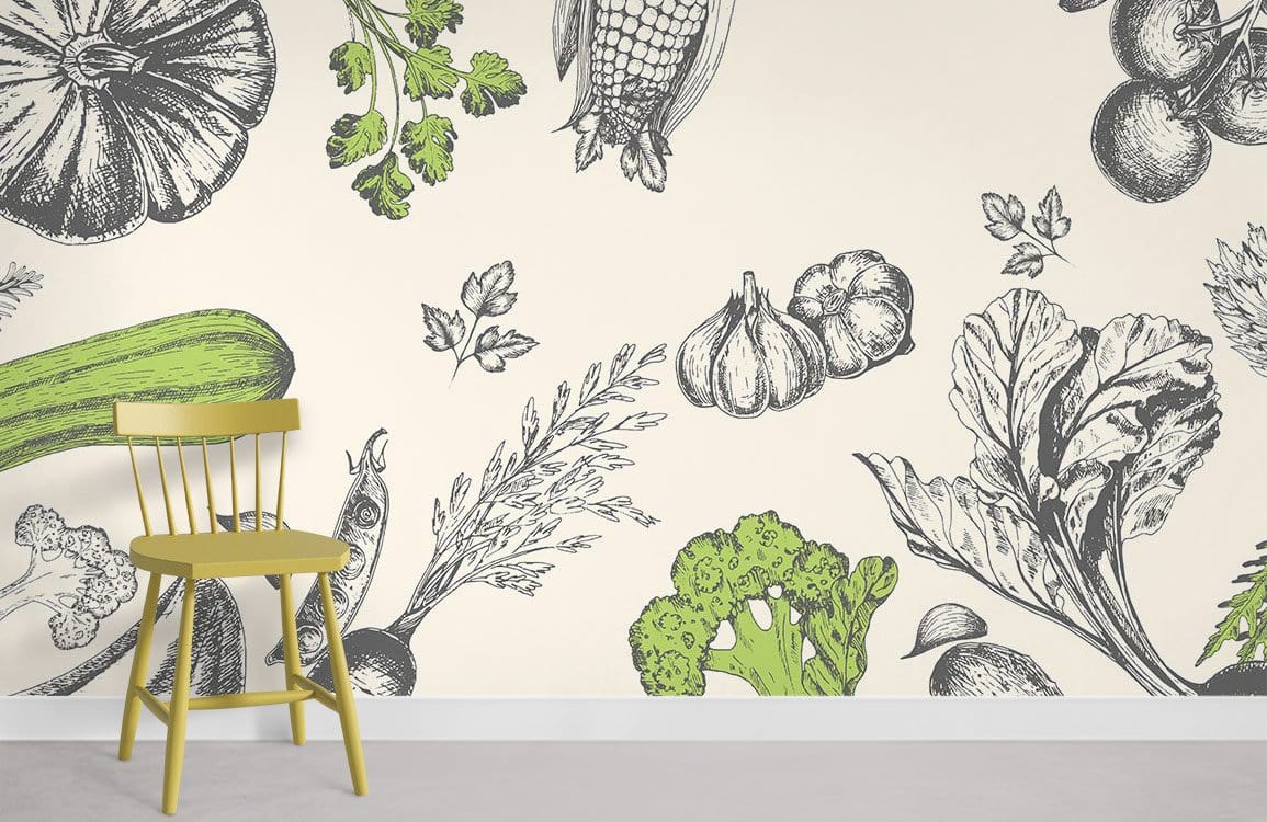 Botanical Vegetable Sketch Wallpaper in farmhouse kitchen with vintage chair, light wall, and neutral flooring.