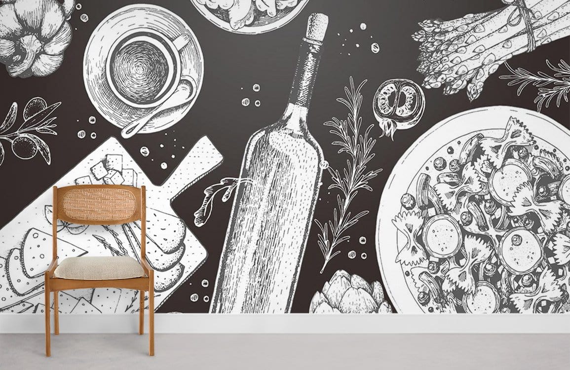 Monochrome vintage kitchen mural wallpaper with chair, rustic charm, perfect for dining room ambiance.
