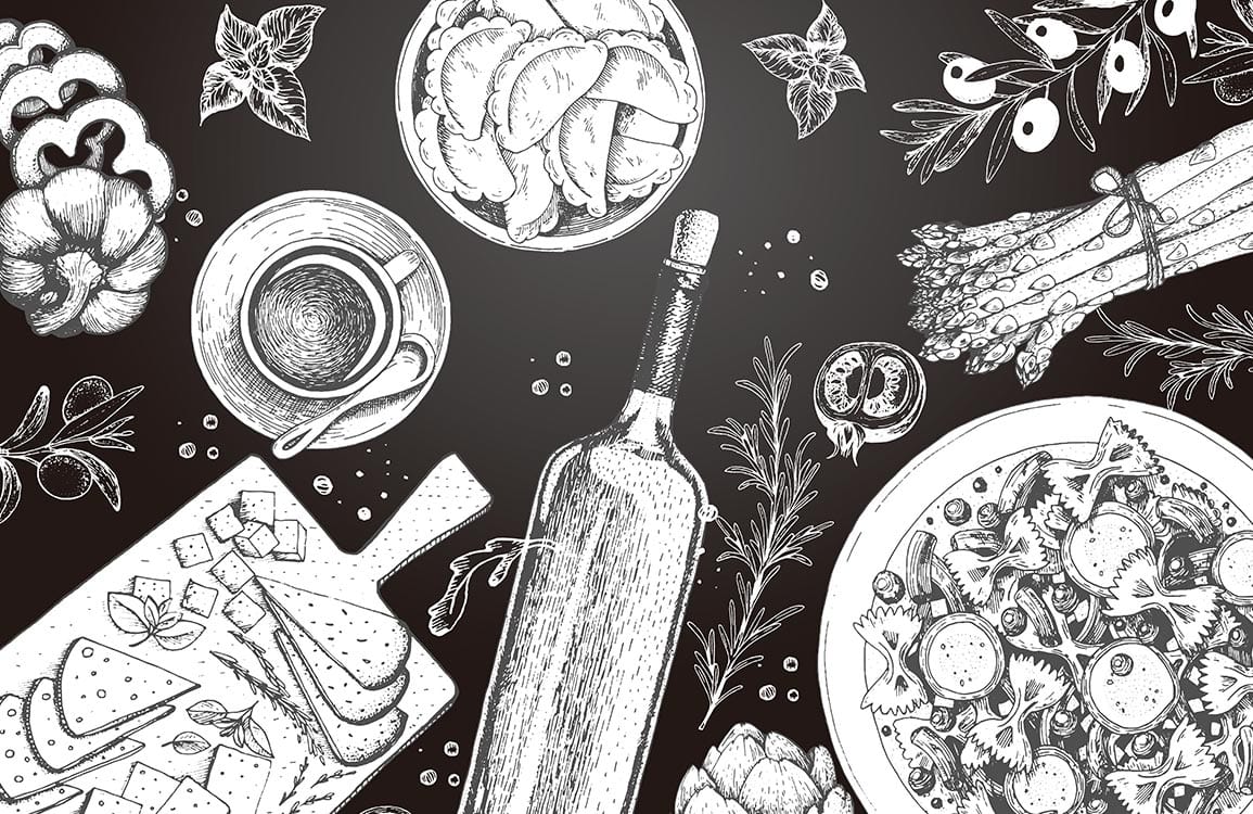 Monochrome Vintage Kitchen Sketches Mural Wallpaper - Rustic Culinary Charm