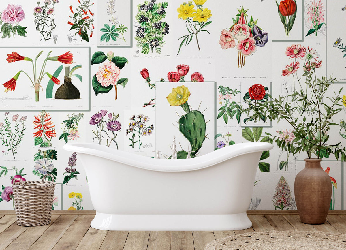 Alt text: Vintage botanical floral wallpaper, white bathtub, rustic wooden floor, nature-inspired bathroom design.