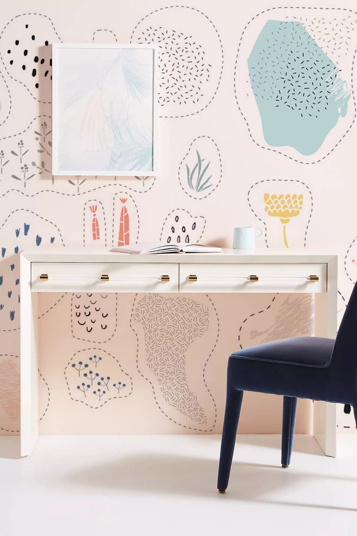 Abstract geometric wallpaper, modern Scandinavian style, white desk, navy chair, pastel wall art, office.
